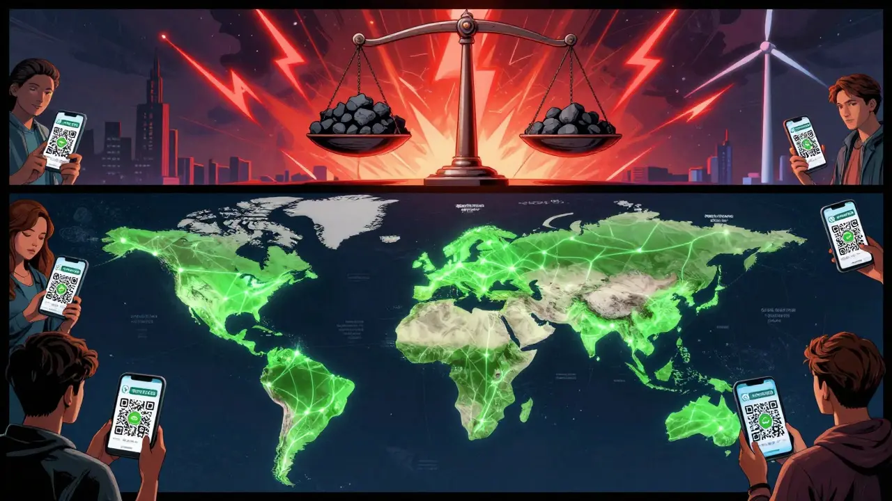 A global map shows green energy-efficient blockchain networks versus red, high-energy PoW chains with a scale balancing coal and wind power.