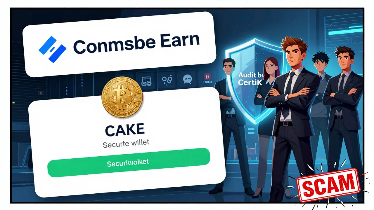 A legitimate Coinbase Earn airdrop shows CAKE tokens being safely received with audit verification.