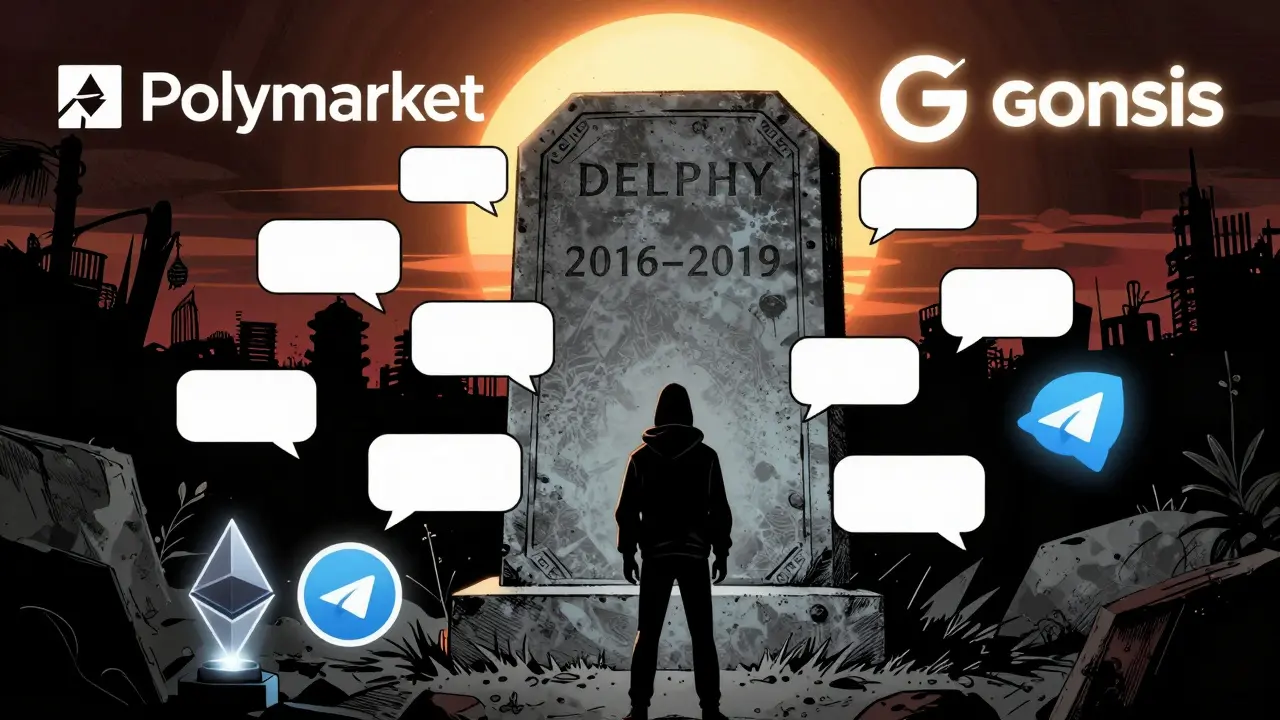 A lone person facing a digital tombstone for Delphy, while other crypto projects glow in the distance.