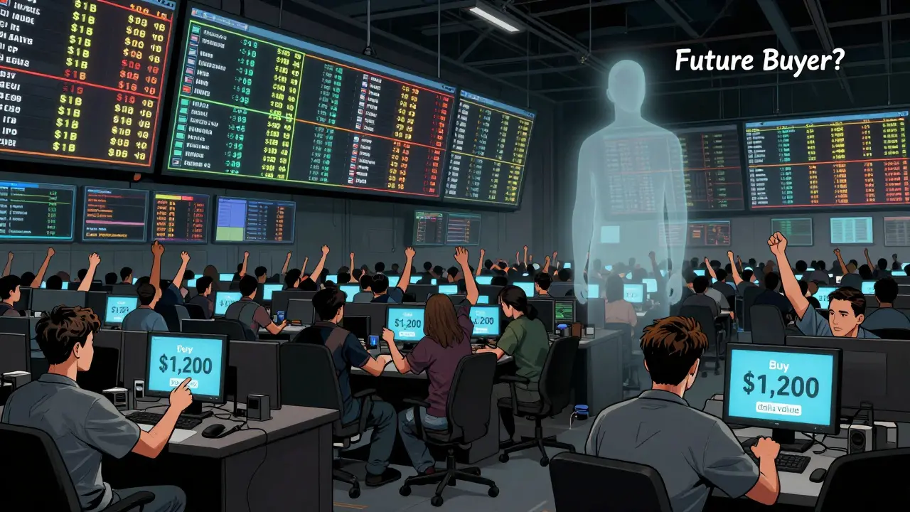 A lone trader buys ZENIQ in a bustling crypto exchange while the token's tiny volume fades into insignificance.