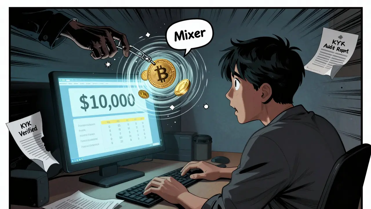 A person stares in shock at a fake crypto balance while digital coins are pulled into a vortex by an unseen hand.
