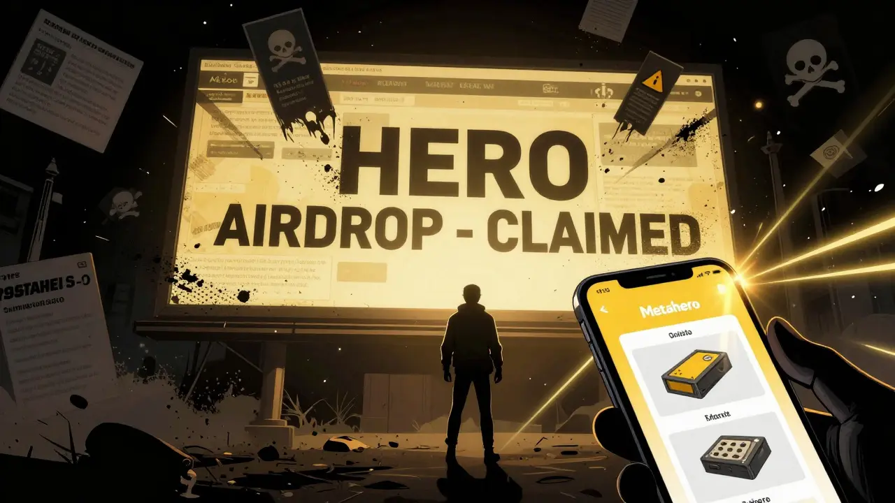 A person views the official Metahero app while fake airdrop sites crumble into dust behind them.