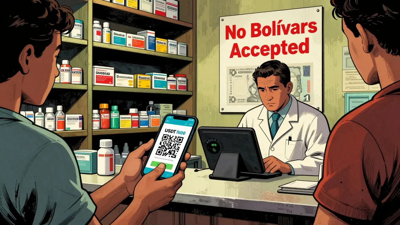 A pharmacist in Caracas accepts USDT payment for medicine, rejecting bolívars as a faded currency poster hangs on the wall.