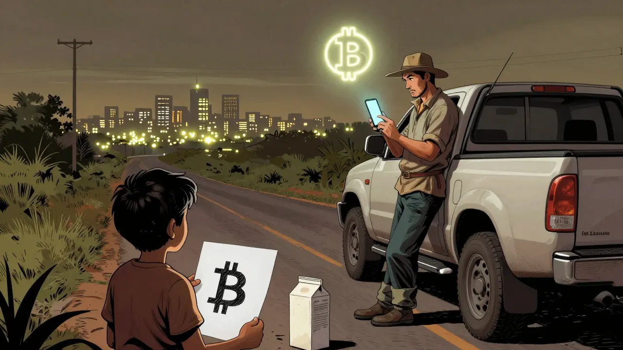 A rural farmer in Zulia stares at a phone with no signal, his child holding a drawing of Bitcoin next to an empty milk carton.