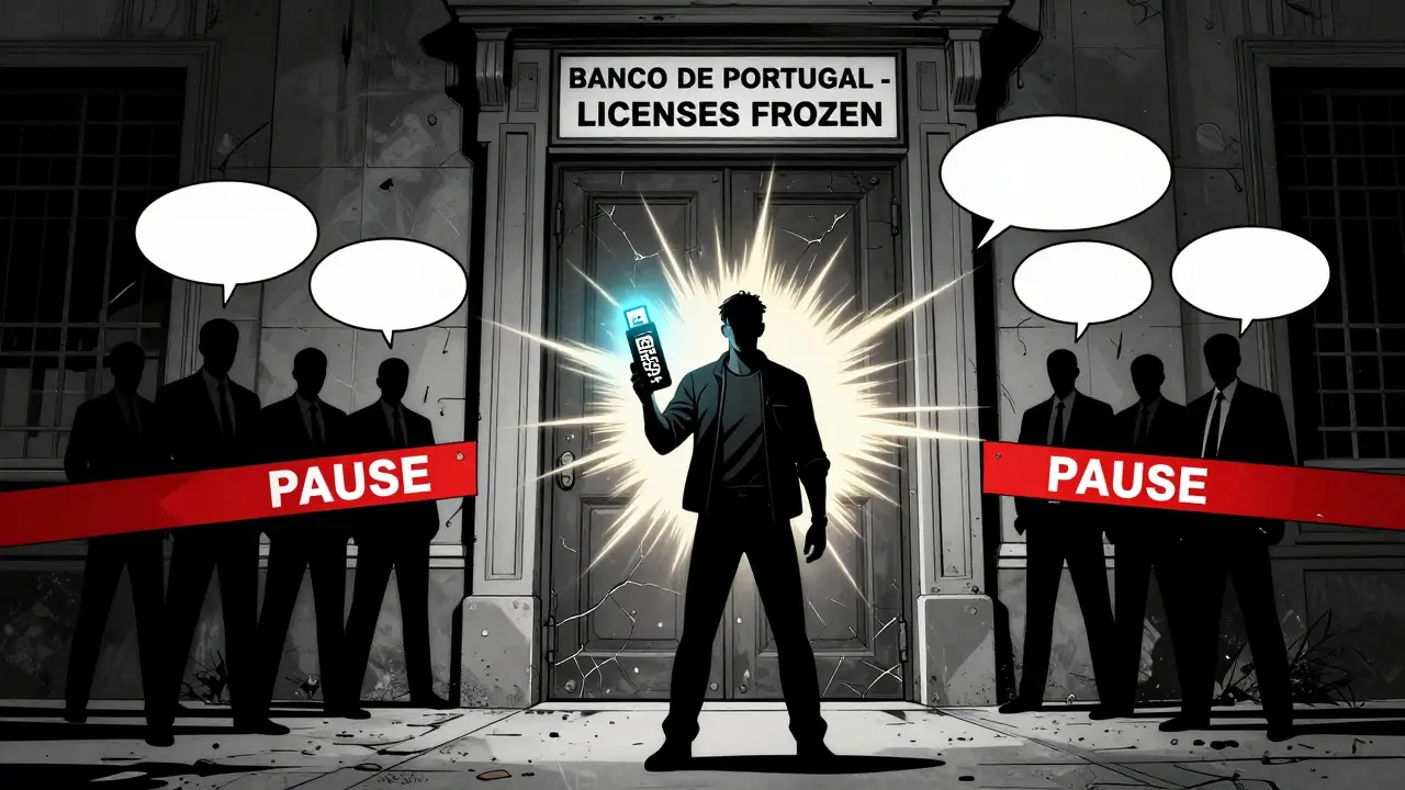 A trader stands before a frozen regulatory door, holding a crypto USB drive, while entrepreneurs are blocked by a red 'PAUSE' sign.