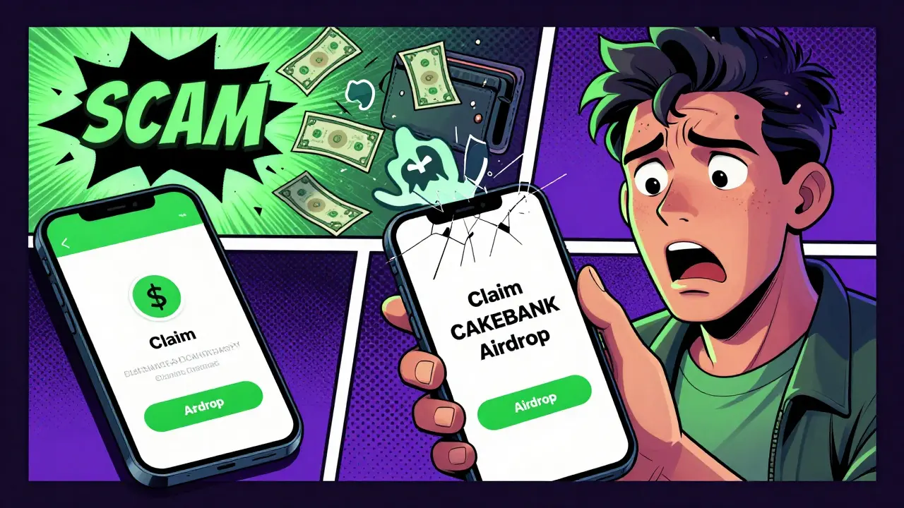 A user clicks a fake airdrop link while their crypto wallet empties into a black hole labeled 'SCAM'.