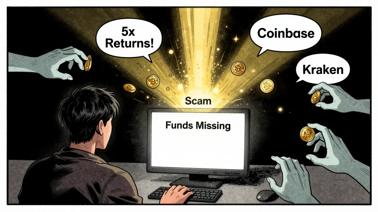 A victim stares at a blank screen as ghostly hands steal crypto into a scam vortex, with legitimate exchanges glowing in the distance.