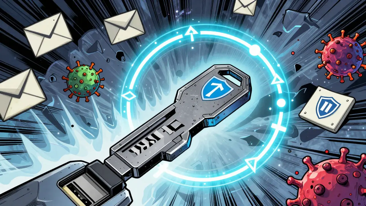 A YubiKey generating a protective force field against cyberattacks like phishing and malware, rendered in bold graphic novel style.