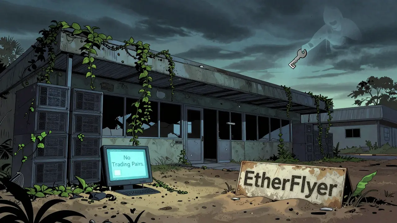 An abandoned crypto exchange building in Samoa, overgrown with vines and silent servers.