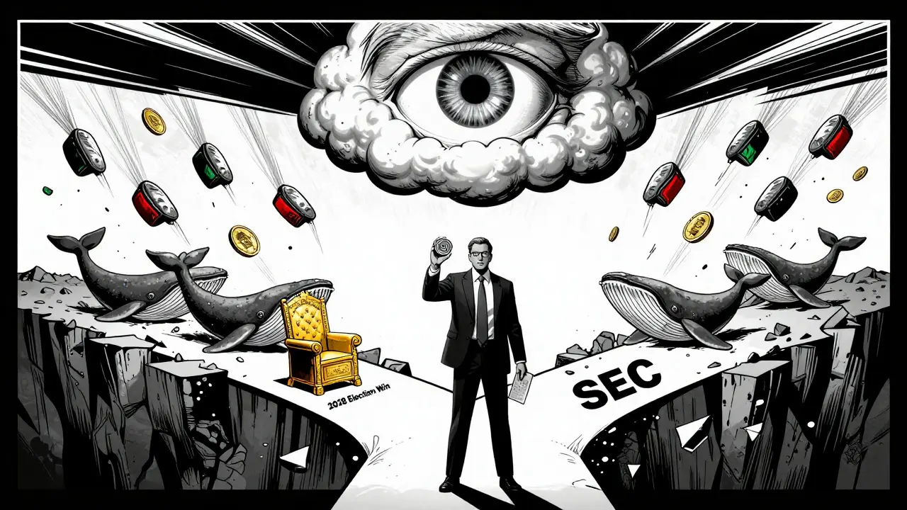 An investor stands at a crossroads between Trump's 2028 win and SEC collapse, watched by a face in the clouds.