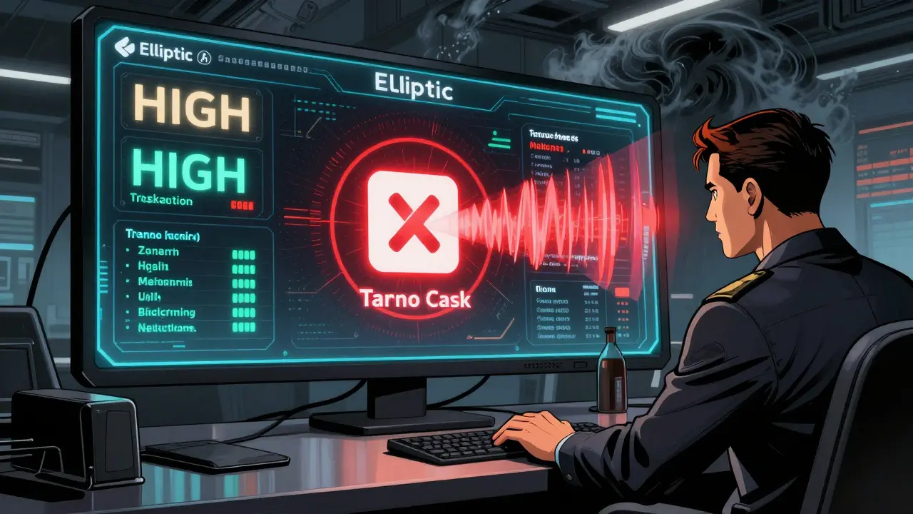 Bank compliance room with AI dashboard alerting on a risky Zcash transaction from a crypto mixer.