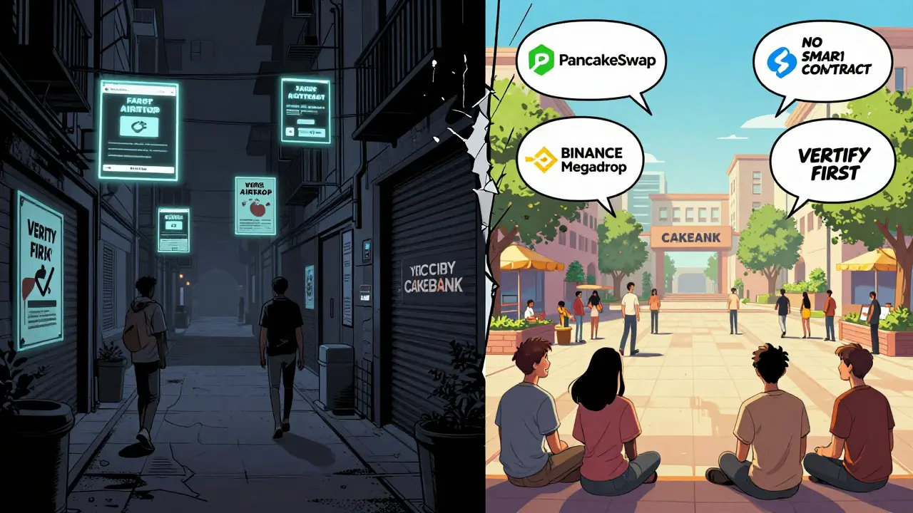 Contrasting scene: chaotic scam alley vs. verified crypto projects in a bright, orderly plaza.