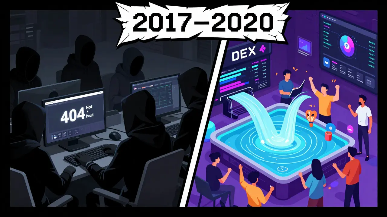 Contrasting scenes of a dead exchange vs. thriving DEX platforms with active trading.