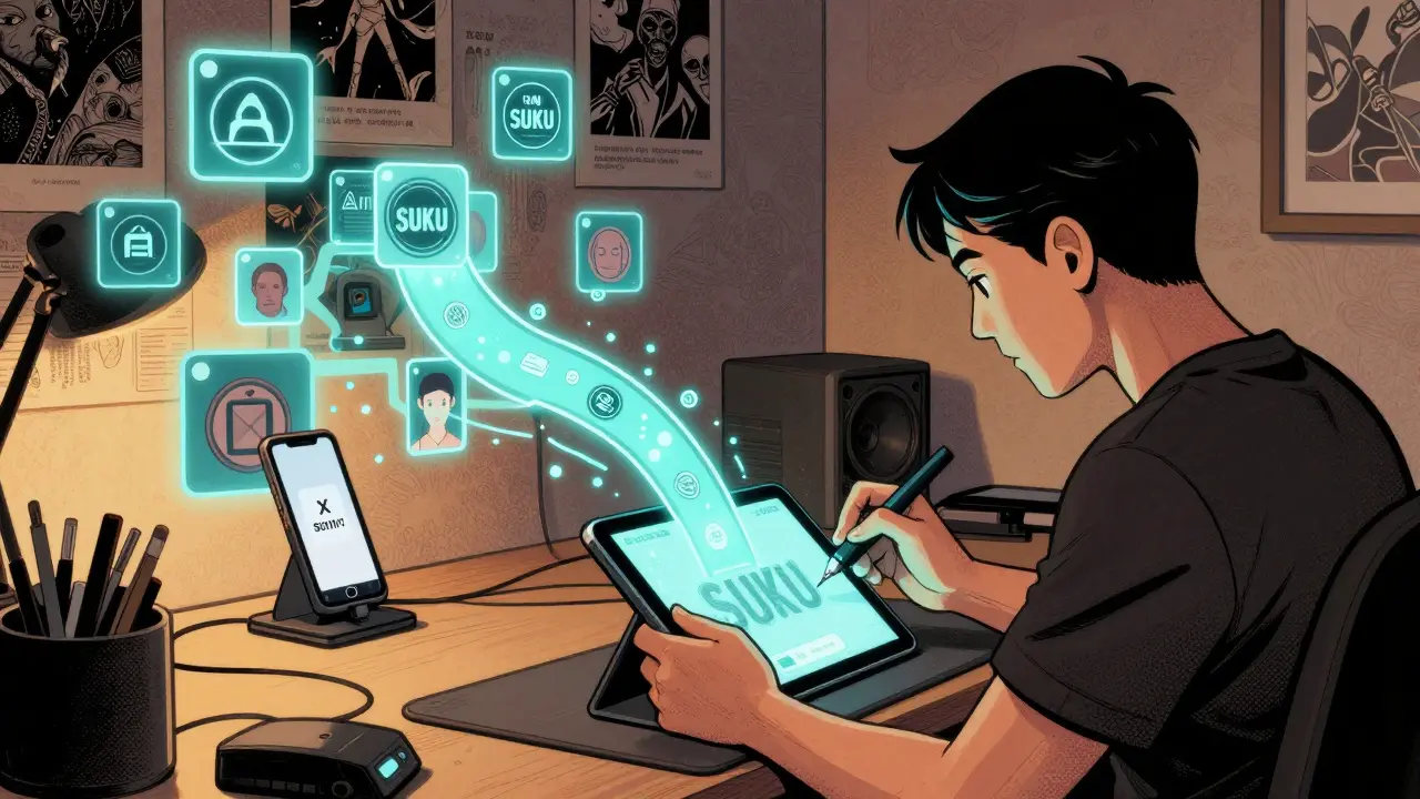 Creator minting NFT with SUKU tokens flowing to a user’s phone linked to an X handle.