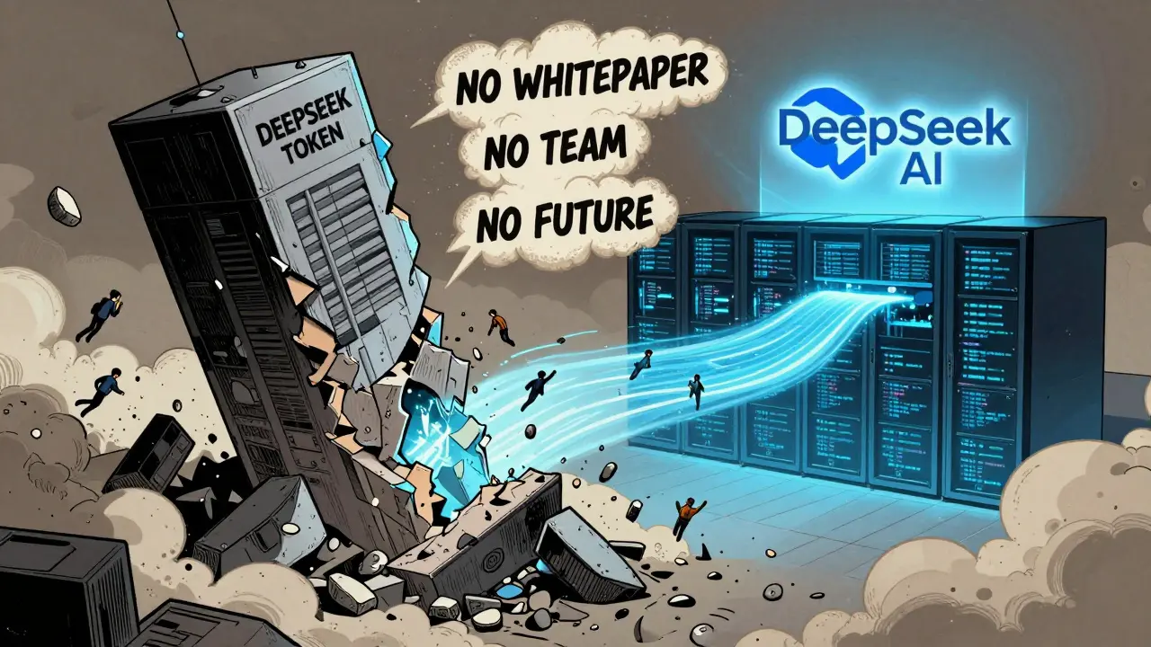 Crumbling DEEPSEEK token tower falling as real AI innovation glows in background, with text warnings floating in dust.