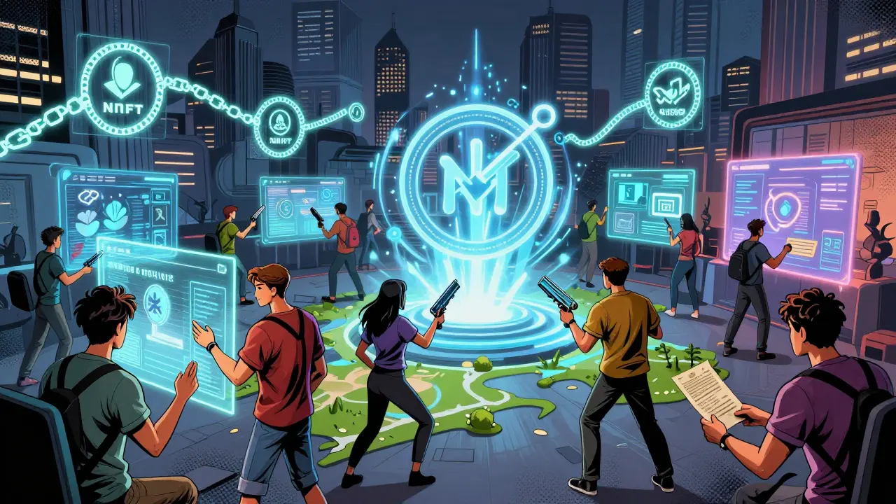 Digital marketplace where players trade NFTs and developers earn royalties via blockchain.