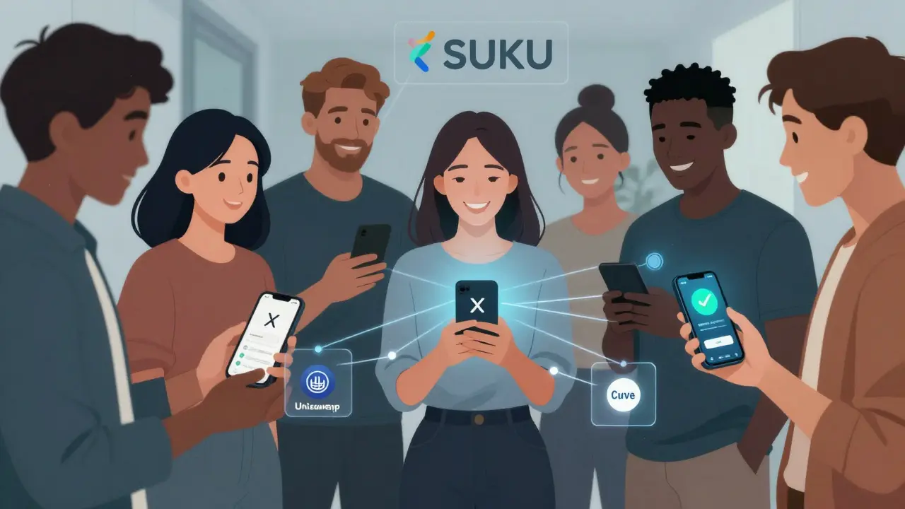 Diverse group receiving NFTs through social handles, connected to decentralized apps.