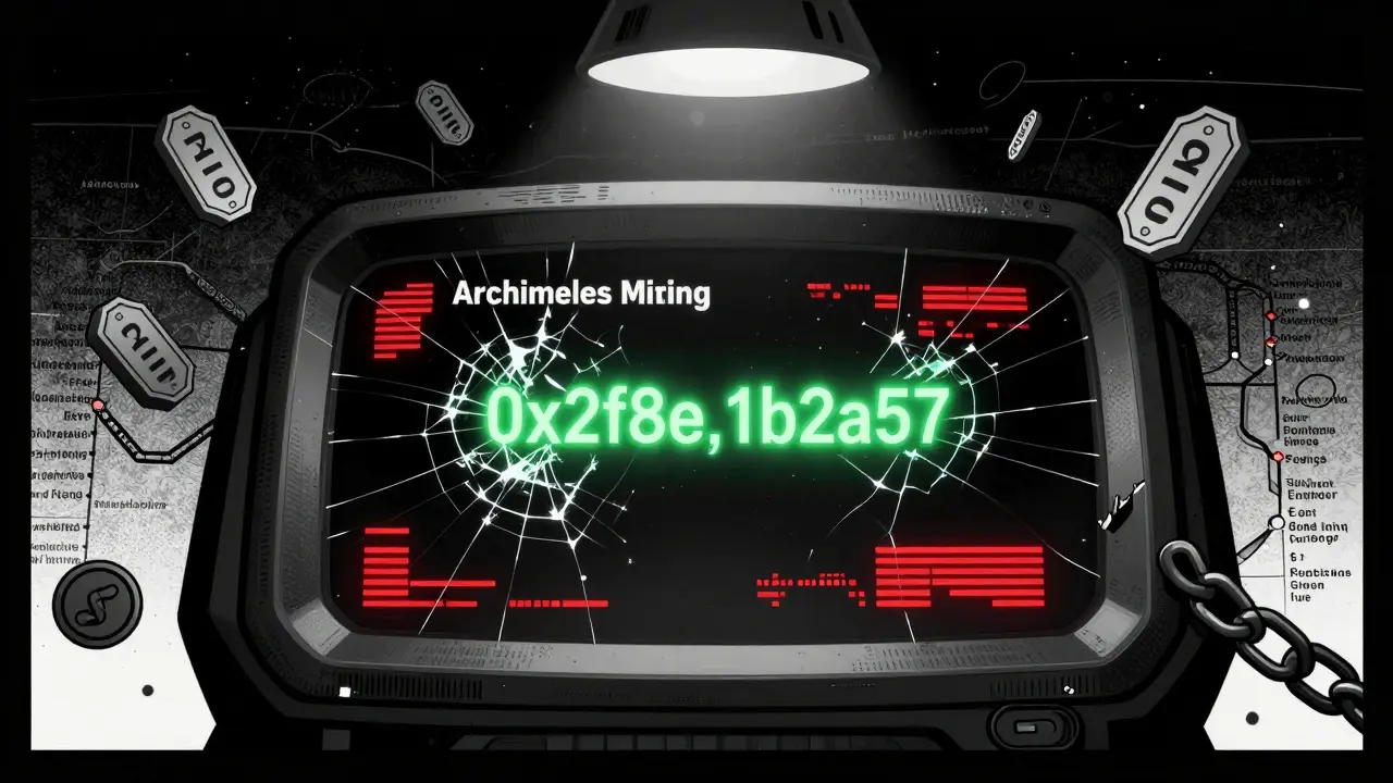 Empty Archimedes mining dashboard with flickering errors and fading wallet address glowing in the dark.