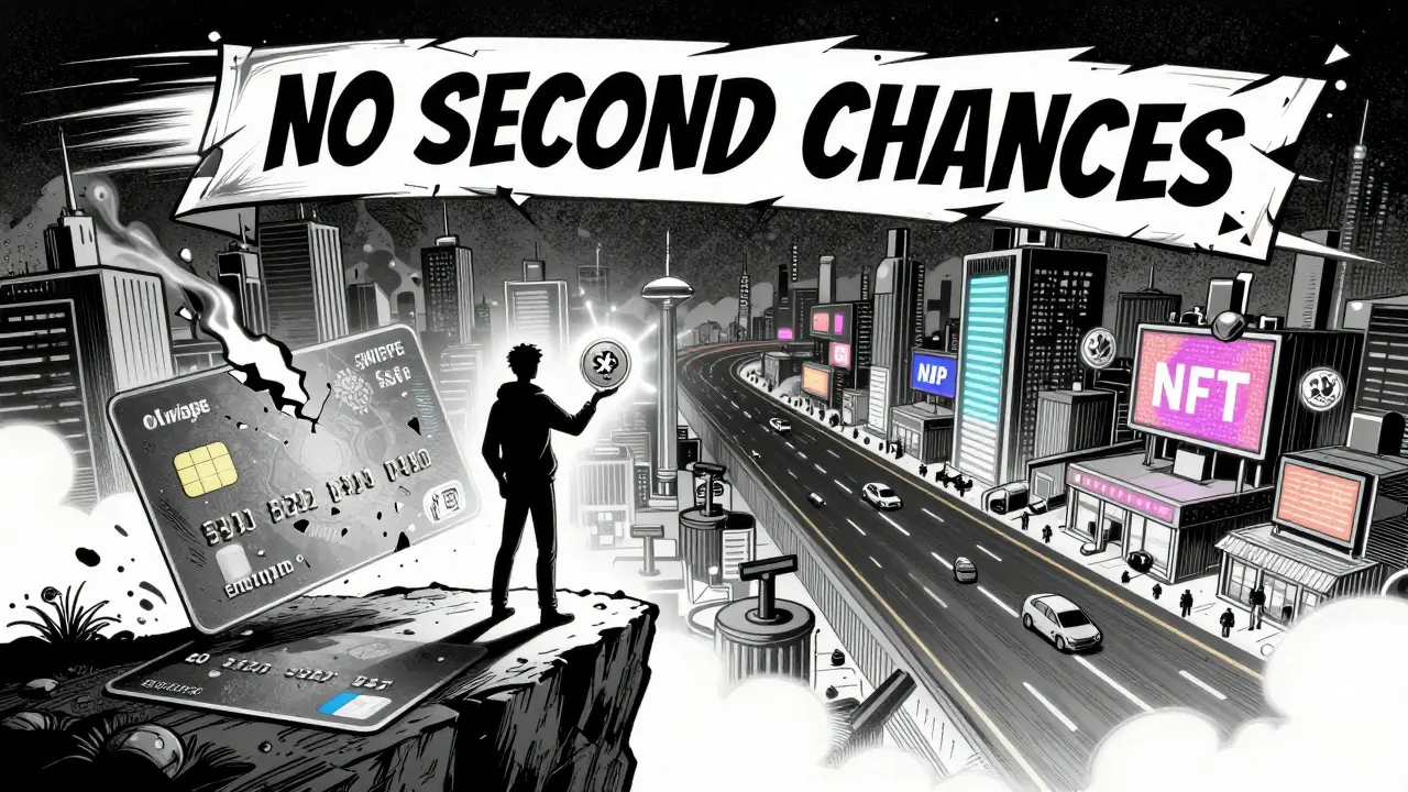 Figure standing at digital cliff, old Swipe card fading as new blockchain city emerges ahead.