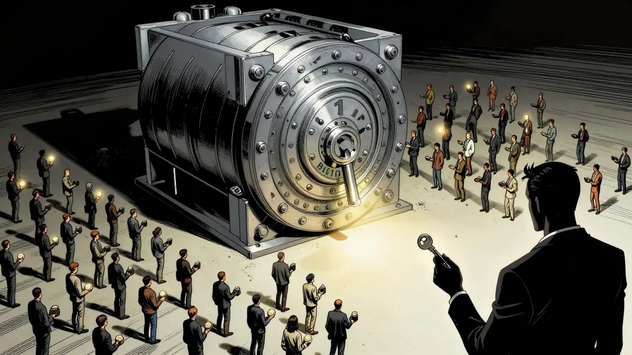 Giant locked vault of 1 billion CKN tokens towers over tiny crowd with few tokens circulating.