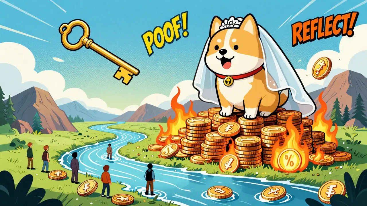 Giant WifeDoge mascot on a token mountain with burning coins, liquidity river, and Elon Musk’s key in the sky.