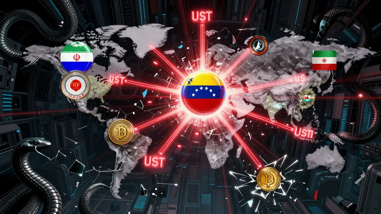Global blockchain network with Venezuela at center sending USDT to sanctioned nations, privacy coins emerging as shadowy serpents, U.S. sanctions shattering like glass.