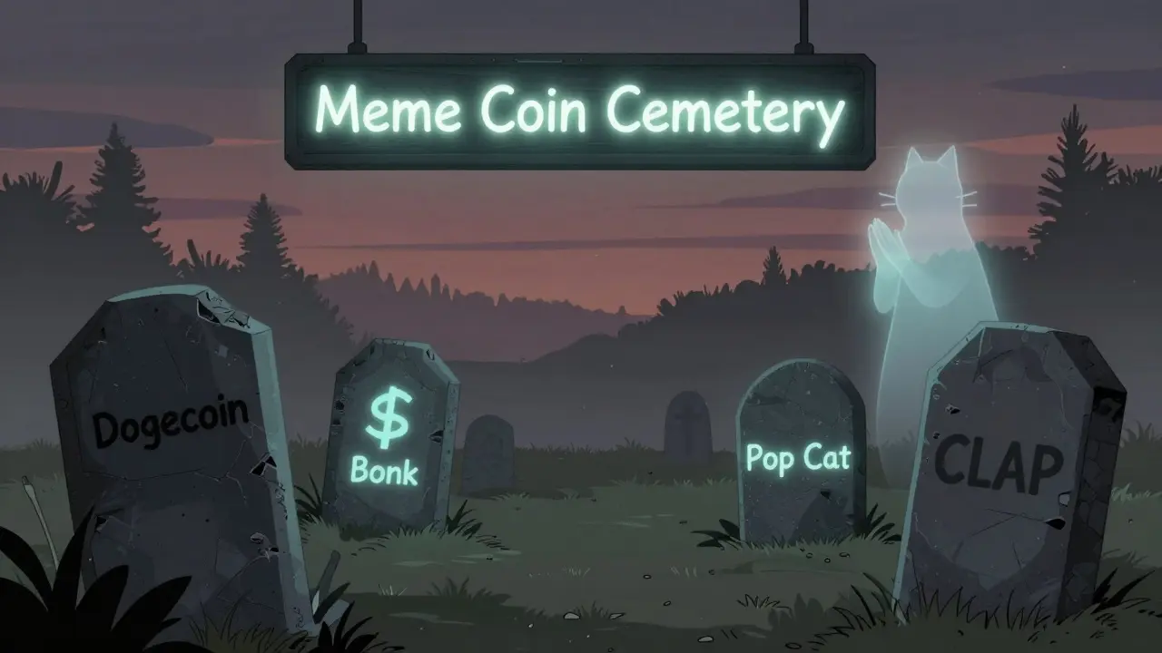 Graveyard of crypto tokens with fading CLAP sign under twilight sky in graphic novel style.