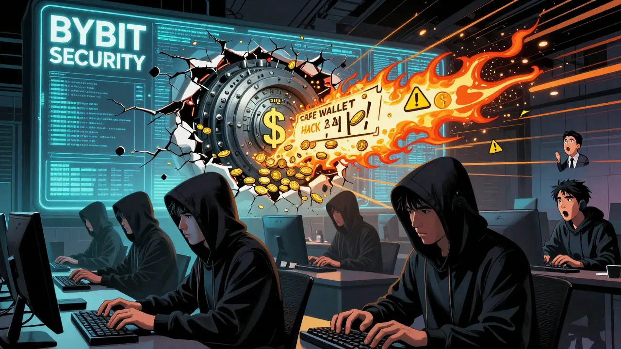 Hacker group attacking a digital wall labeled 'BYBIT SECURITY' as a vault of stolen crypto bursts open.