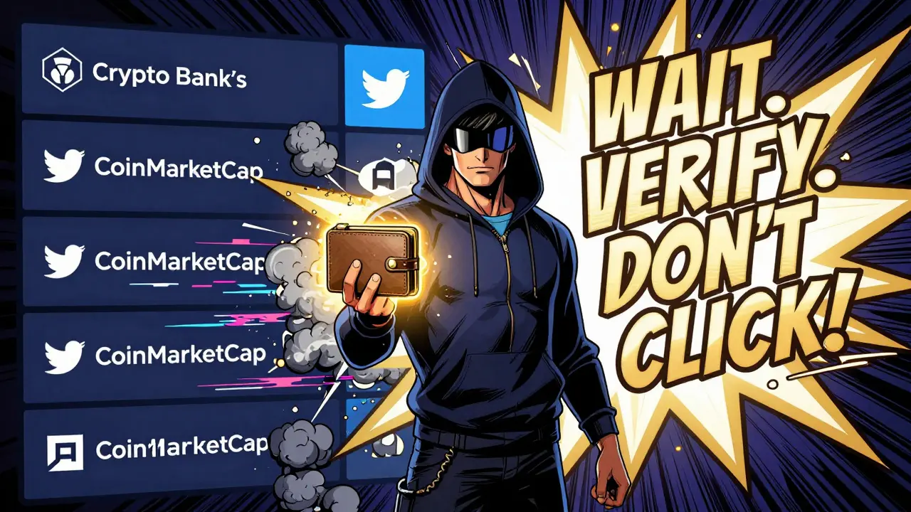 Hero stands before verified crypto platforms as fake airdrop sites explode in smoke.