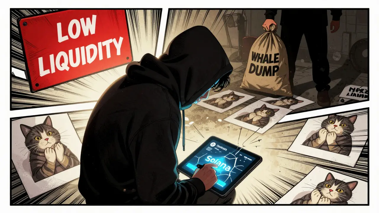 Hoodied trader with Solana wallet and 'LOW LIQUIDITY' warning, shadowy whale behind in comic book style.
