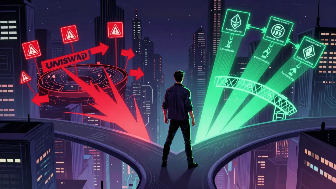 Investor choosing between chaotic Uniswap pool and efficient Maverick Protocol across blockchain bridges.