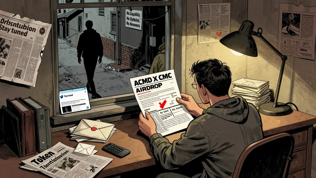 Lone person at desk with old airdrop flyer, surrounded by abandoned updates and a shadowy exit labeled 'No Answers'.