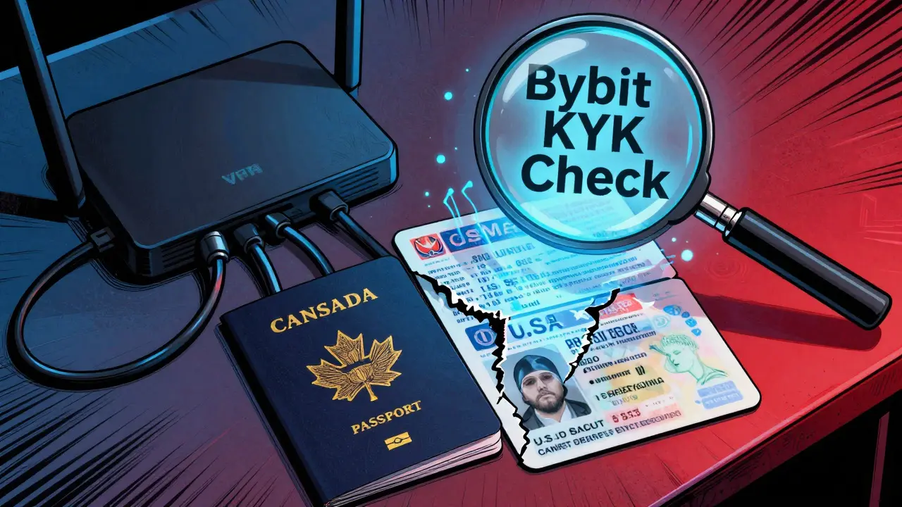 Masked user with mismatched ID documents and a VPN router under a magnifying glass labeled 'KYC Check'.