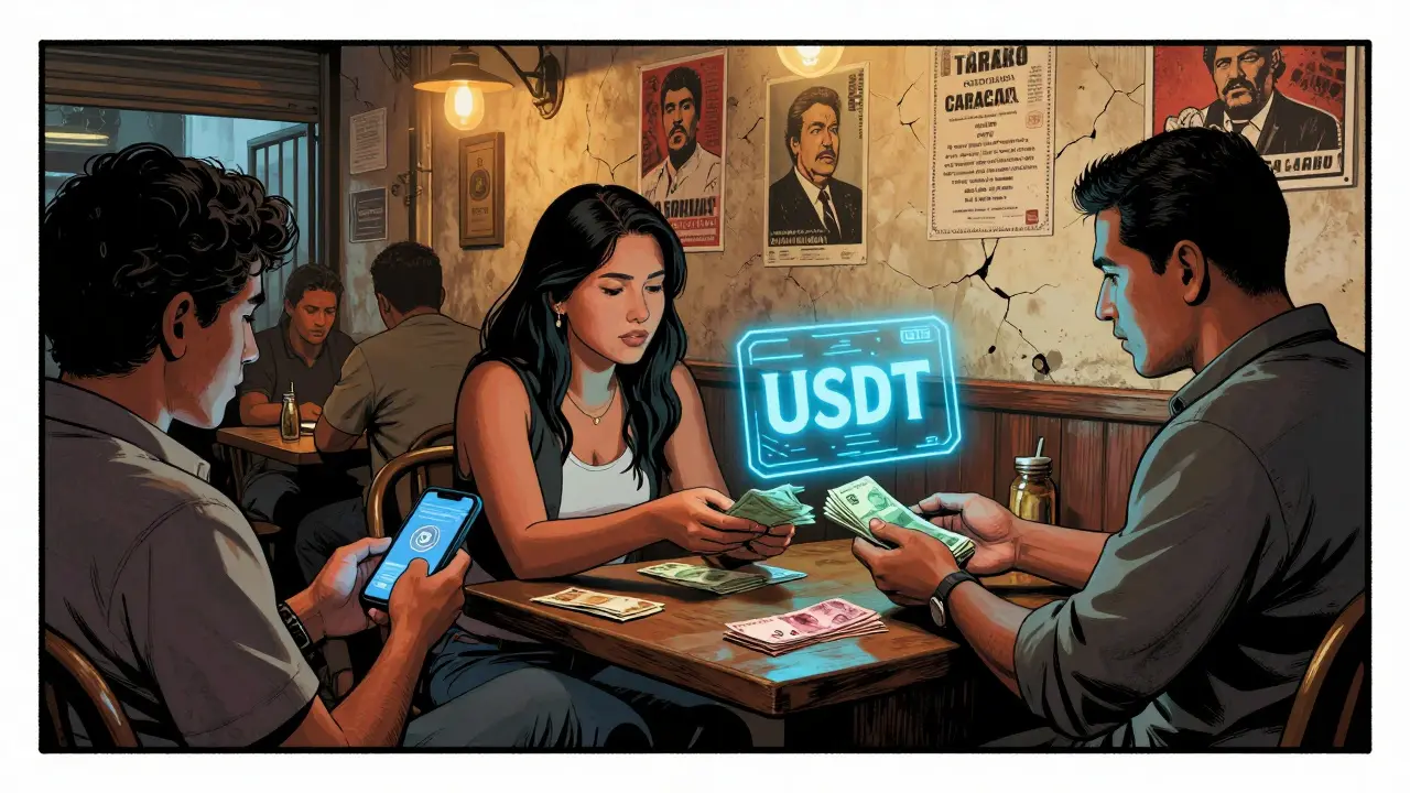 People in a Caracas cafe trade cash for Bitcoin on mobile phones, holographic USDT balance floating above, hyperinflated bolivars visible on the table.