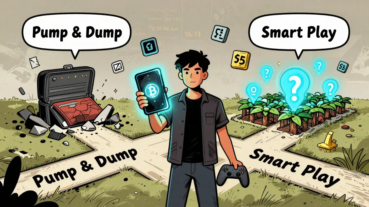 Player at a crossroads choosing between risky gambling and smart play in Web3 gaming.