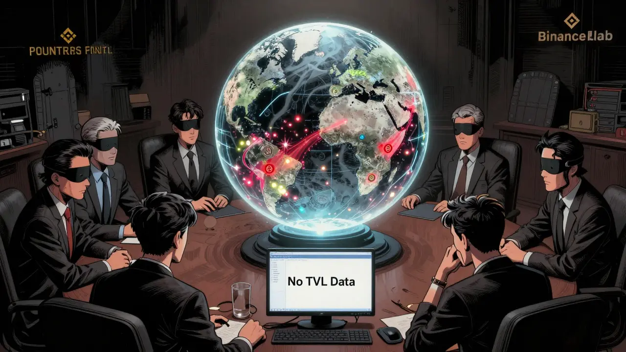 Silhouetted investors watch liquidity flow in a globe while a confused trader faces a blank interface.