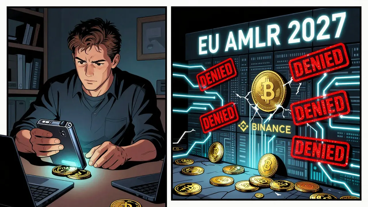 Split comic panel: one side shows safe personal crypto storage, the other shows EU ban blocking exchanges with red denial stamps.