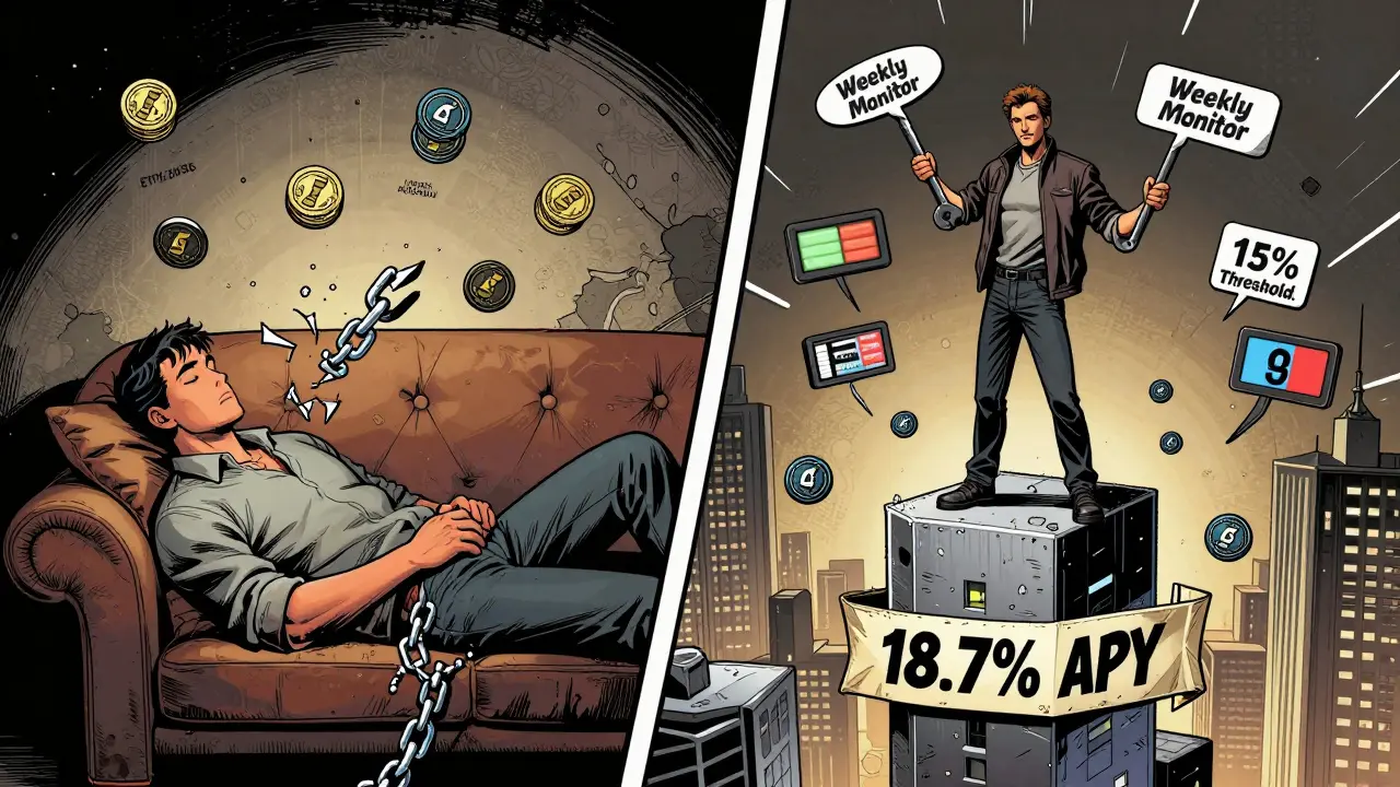 Split scene: passive investor sleeping while active trader rebalances tokens on a blockchain tower, earning 18.7% APY with gas fee counters nearby.