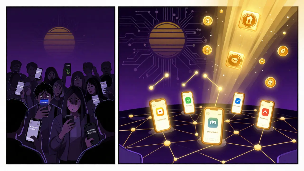 Thousands of glowing wallet addresses rising above a blockchain map linked to real-world apps.