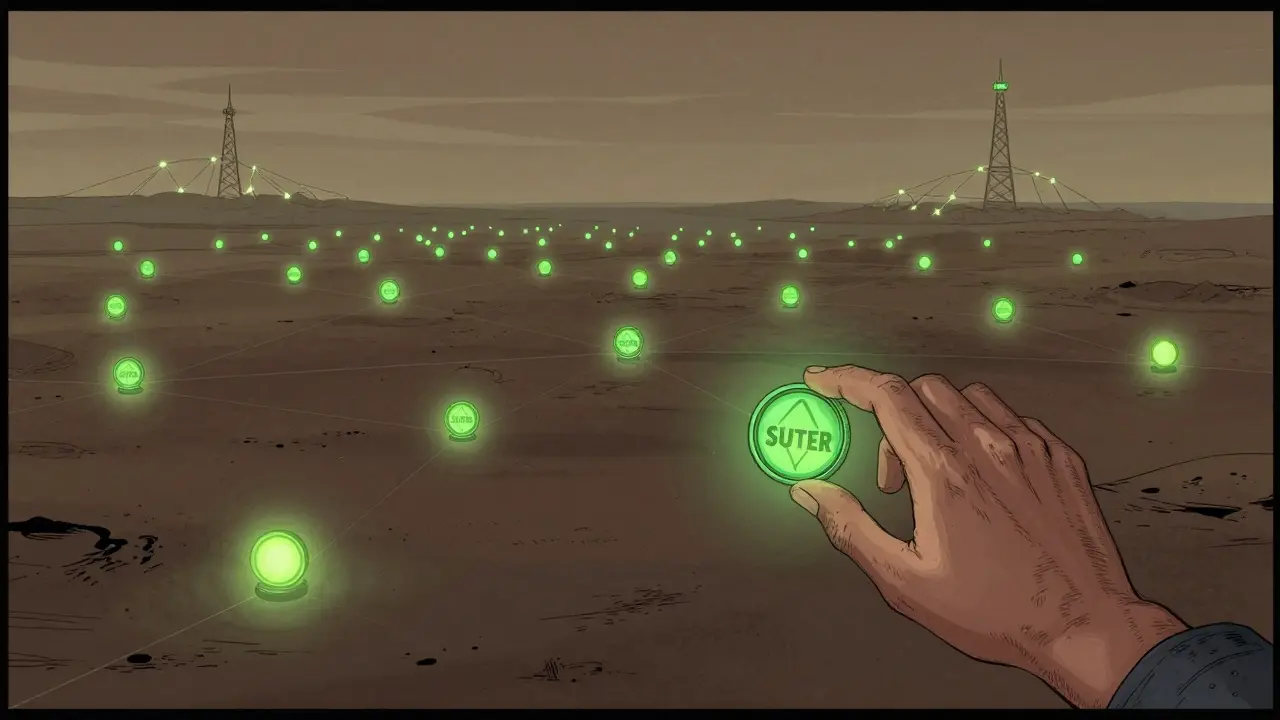 Thousands of SUTER tokens floating near 47 node beacons in a quiet digital landscape.