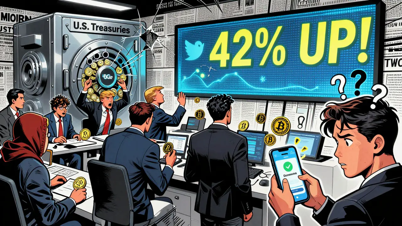 Traders react to a Trump tweet on a crypto floor while USD1 stablecoin reserves crack behind them.