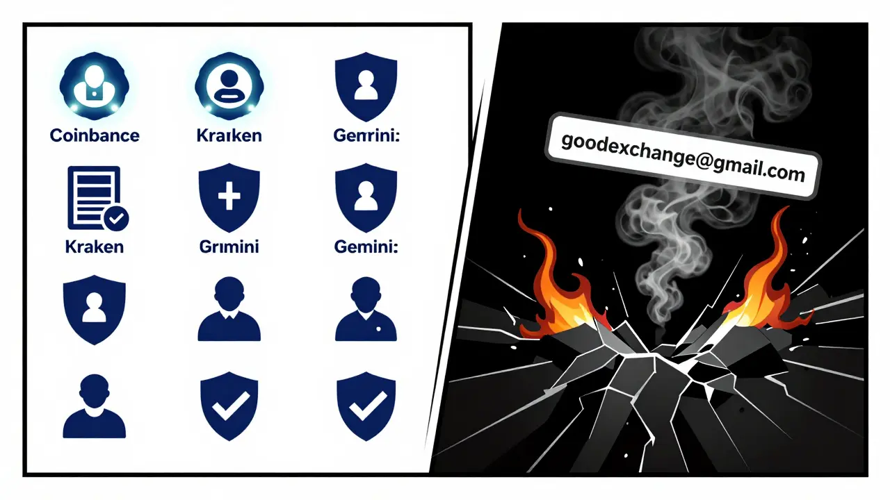 Trusted exchanges with security badges contrast sharply with a shattered fake exchange and a fake Gmail address in smoke.
