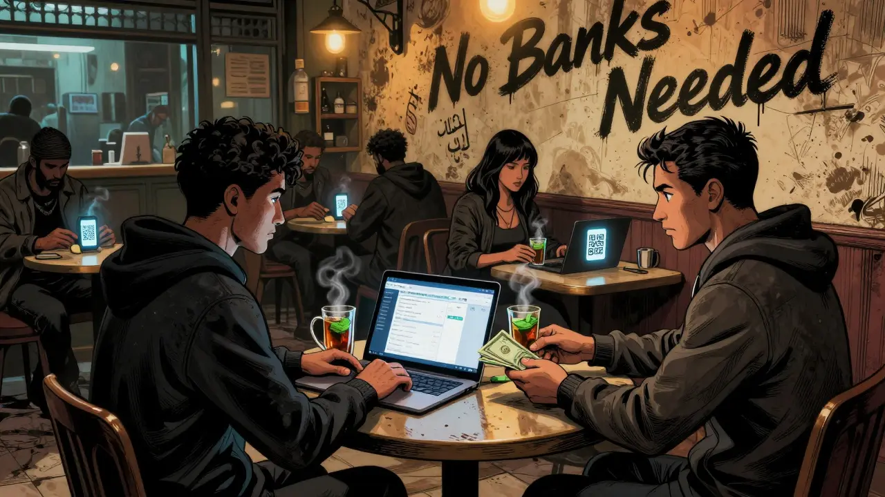 Two people exchange cash for crypto in a Moroccan café, phones glowing with digital transactions.