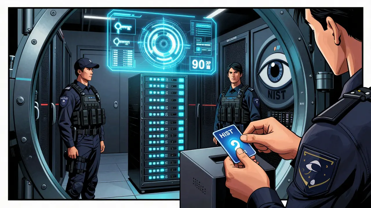 Two security officers guard an HSM device as a smart card is inserted, with rotating keys and audit logs floating in holograms above.