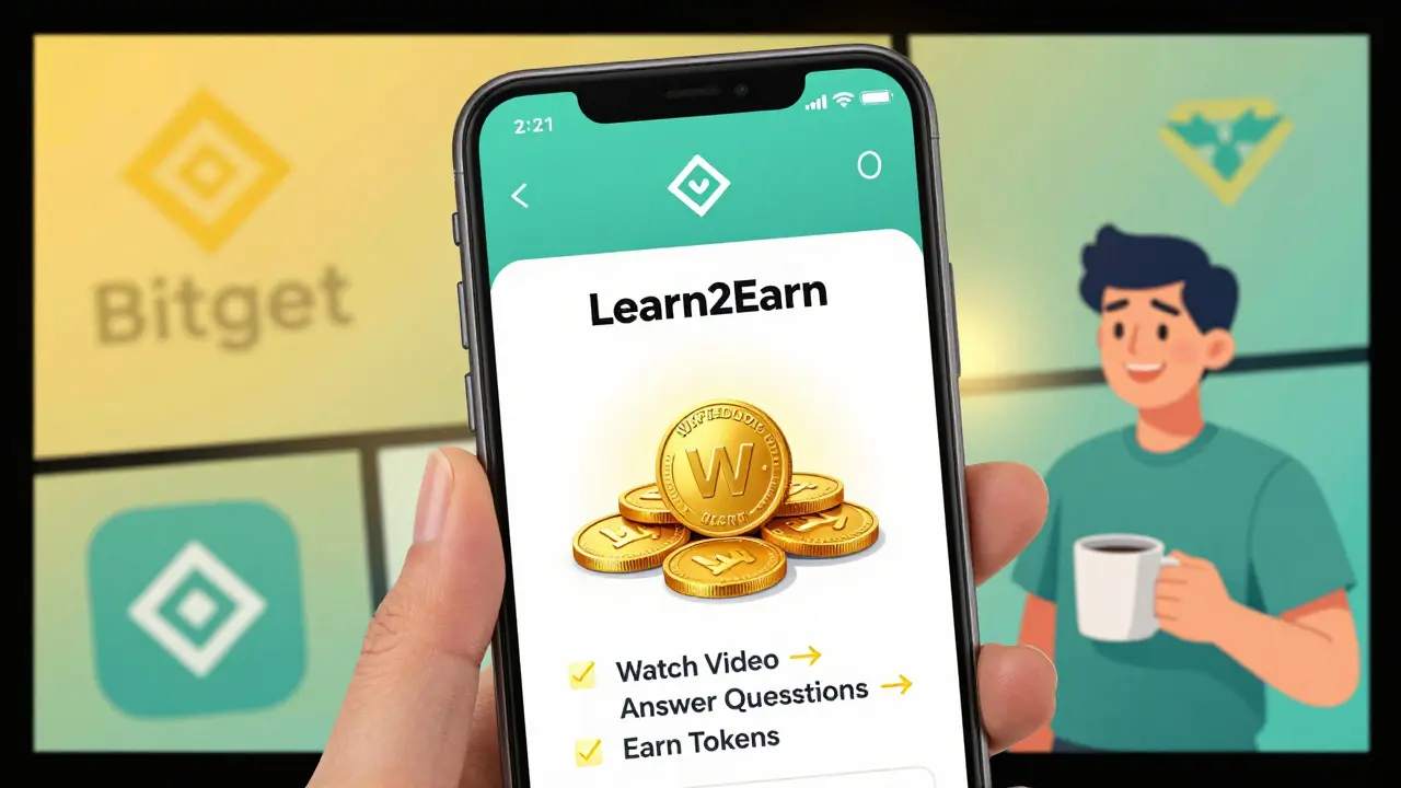 User earning WifeDoge tokens through Bitget’s Learn2Earn program with a checklist and glowing tokens.