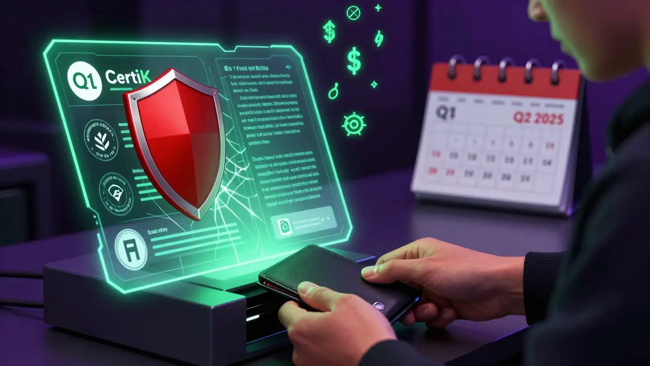 User securing a Ledger wallet with audit seals glowing, blocking a phishing page, while EIP-7288 gas savings symbols descend in the background.