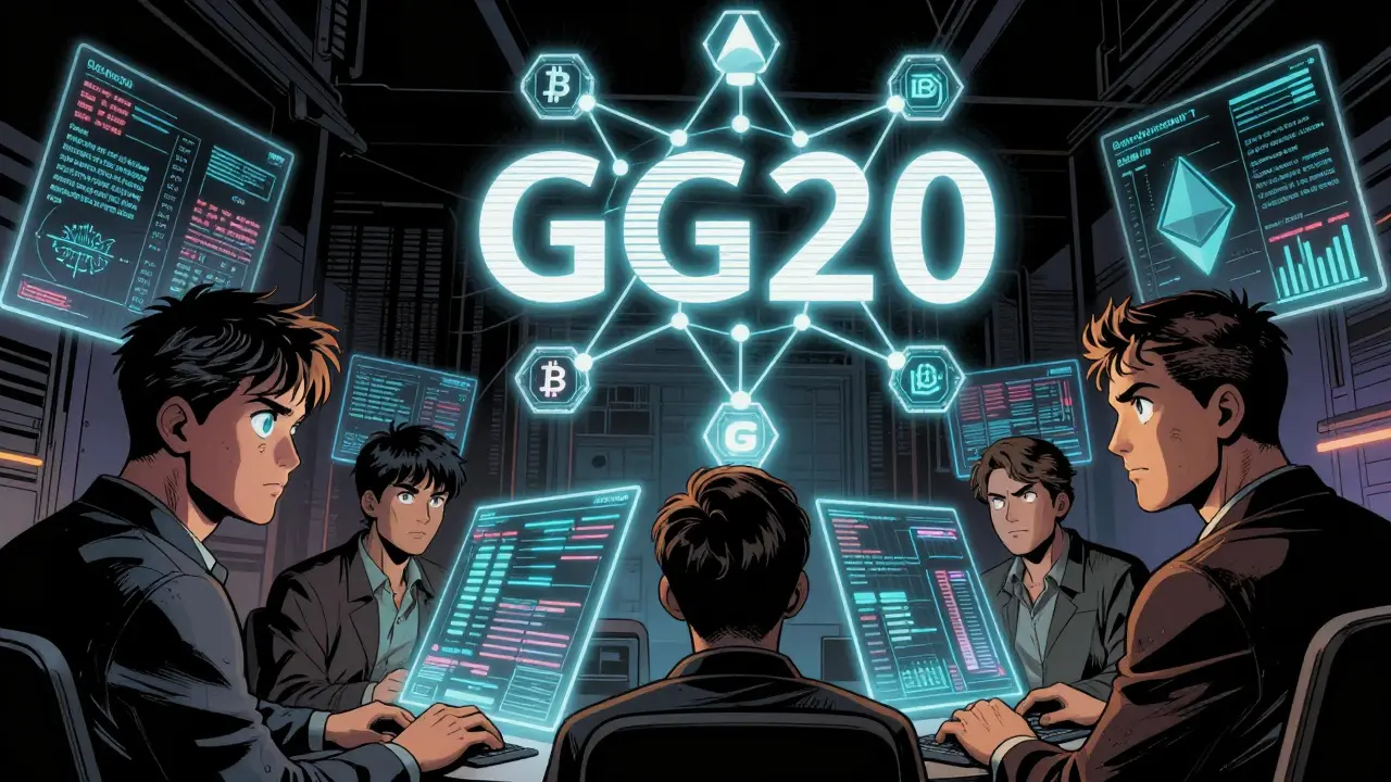 Validators observing multiple blockchains through holograms, with a glowing GG20 threshold signature symbol above them.