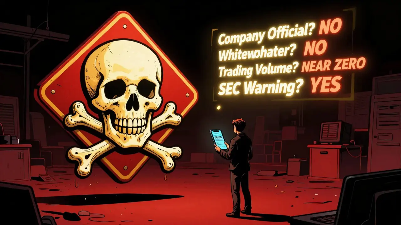 Warning skull made of crypto symbols over empty market, with checklist revealing red flags for the scam token.