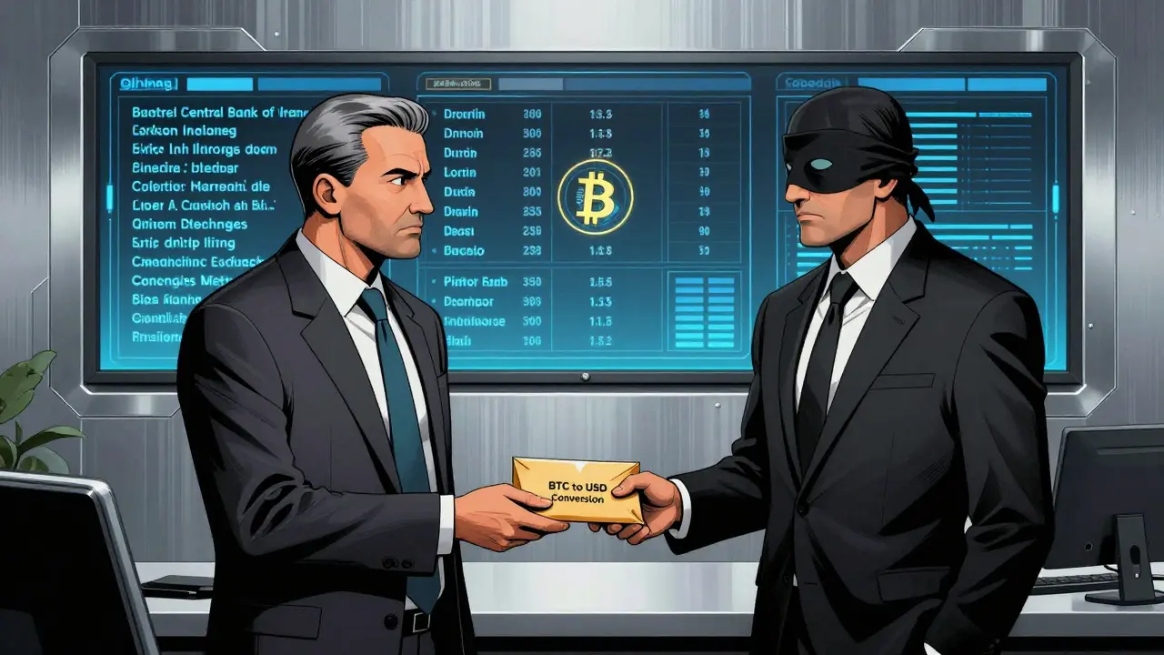 A Central Bank official handing a Bitcoin-to-currency conversion envelope to a masked importer in a high-tech office.