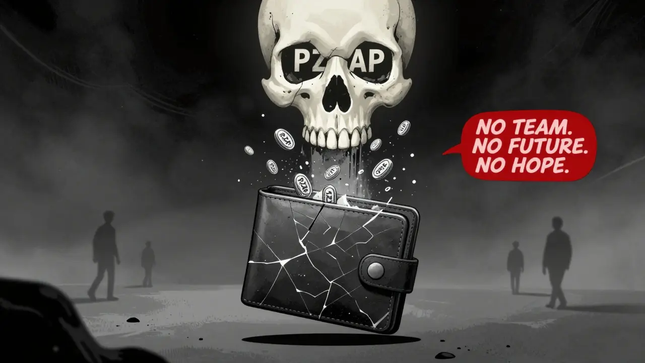 A cracked digital wallet dissolves into dust as a skull-shaped warning sign looms, with lost investors walking away.